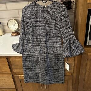 Calvin Klein Black and White Checkered Long Sleeve Dress